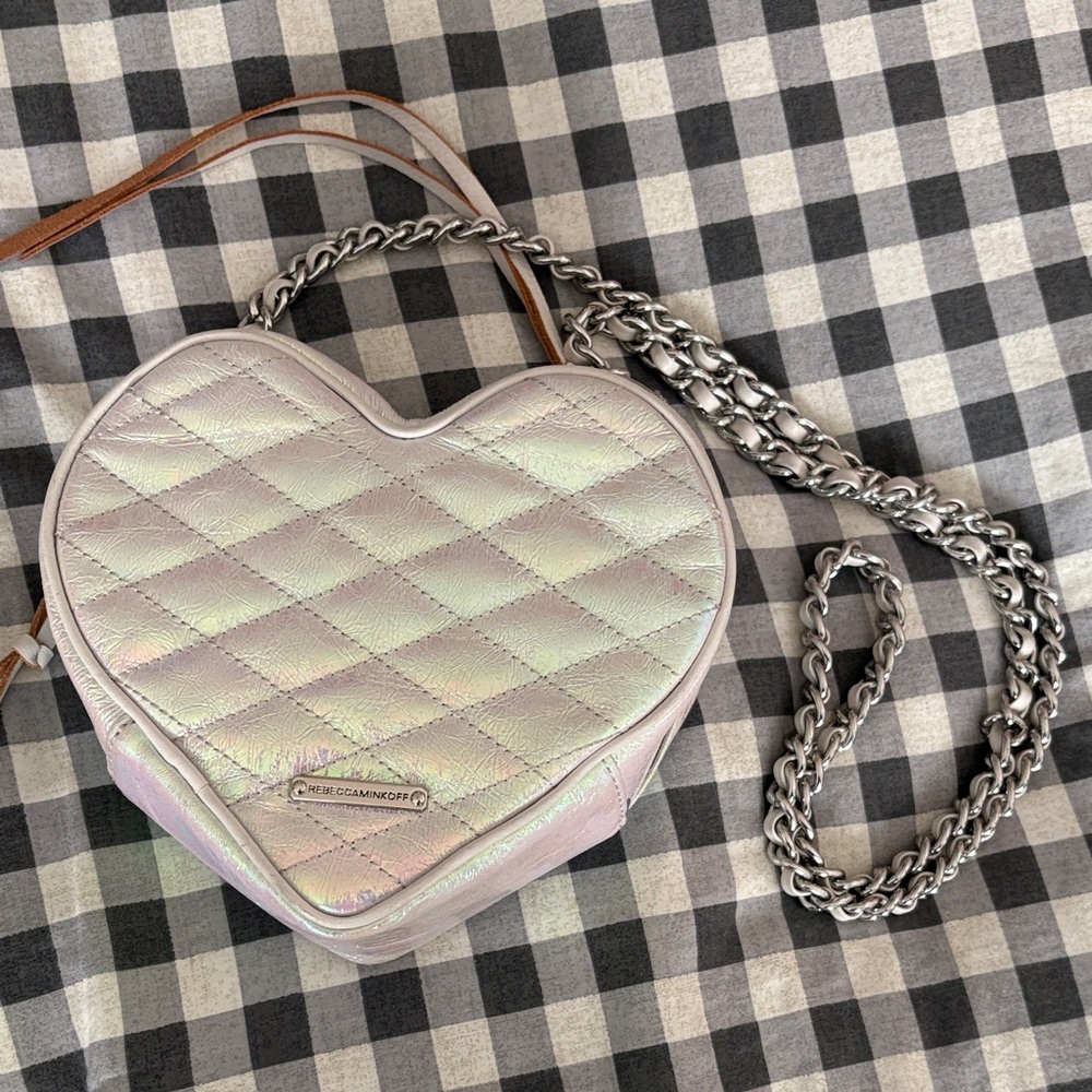 Rebecca Minkoff Leather Quilted Iridescent Heart Crossbody bag purse